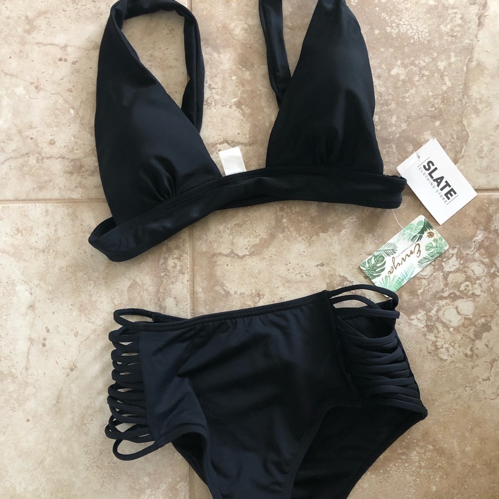 Black, high waist straps bikini